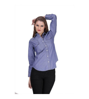 Womens Denim Solid Casual Collared Neck Shirt Pattern Blue 